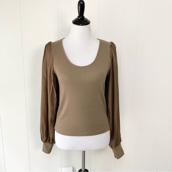Sundry Mixed Media Top 3 US L Rib Knit Satin Puff Sleeve Brown Scoop Neck Crop - Picture 1 of 12